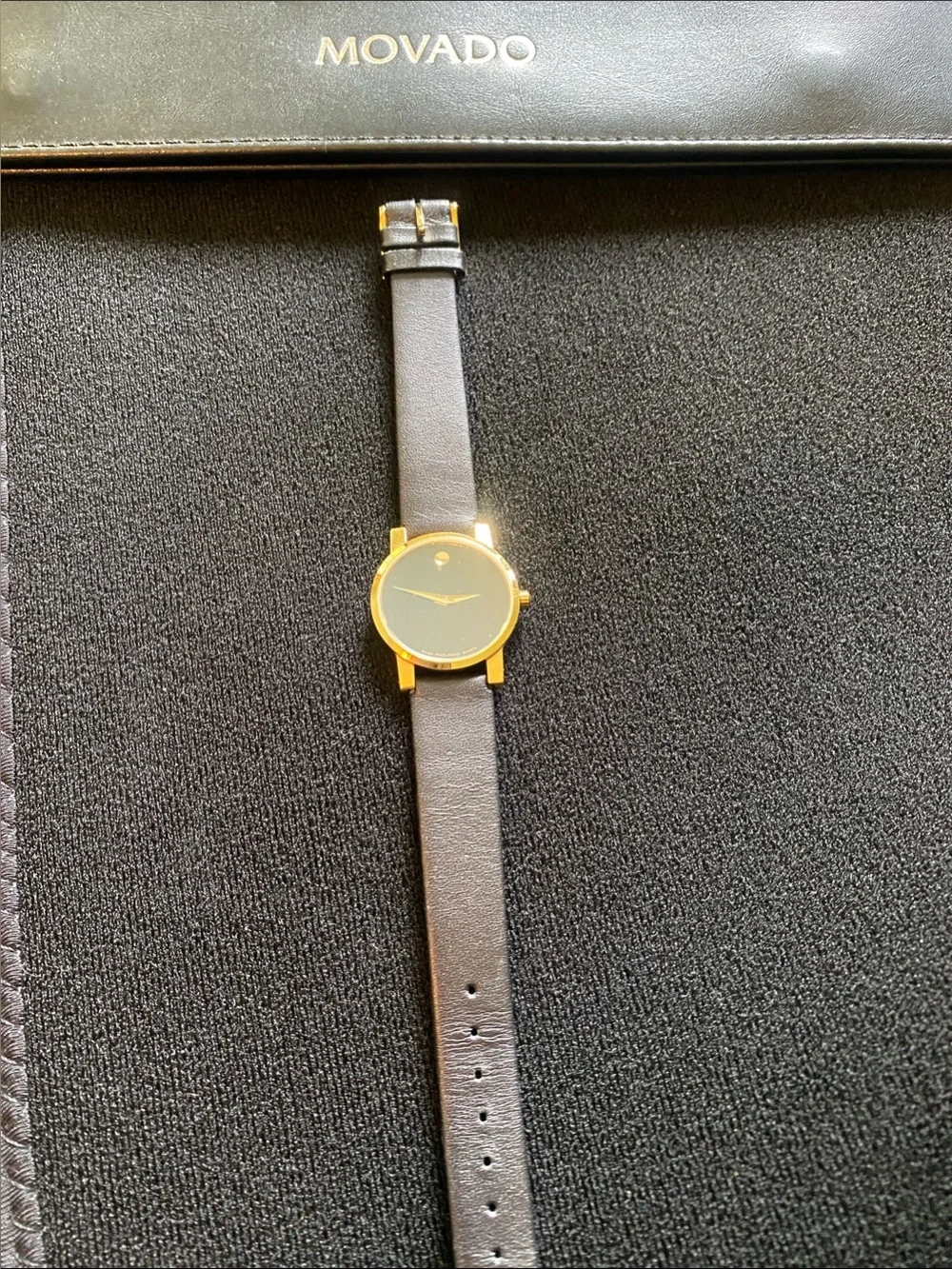 Movado Gold-Tone Case with Black Dial and Black Leather Strap Watch